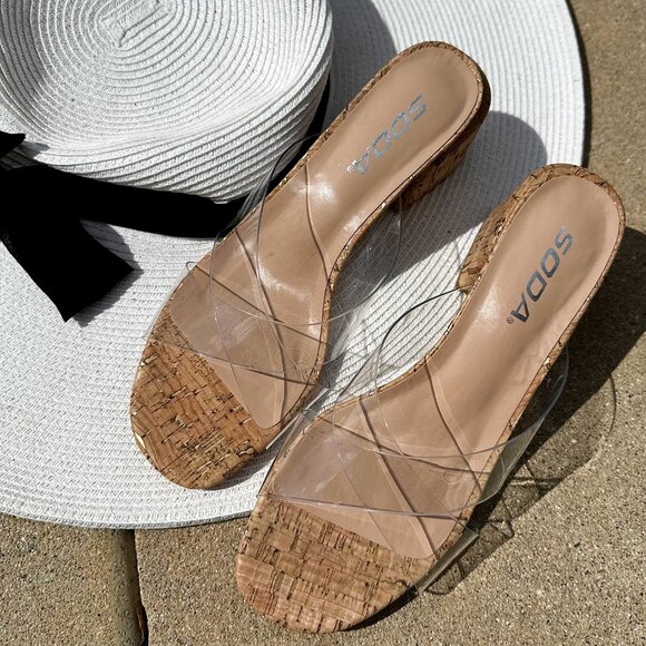 NEW🔥 Transparent Clear Open Toe Cork Low Block Heel Mules Sandals Slip Slide On - Picture 2 of 4